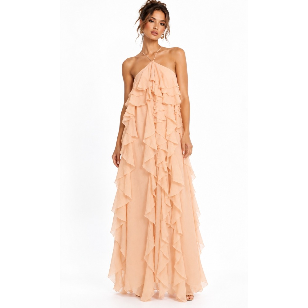 H&M Flounced Chiffon Dress Apricot Orange Ruffle Halter Maxi Small NEW